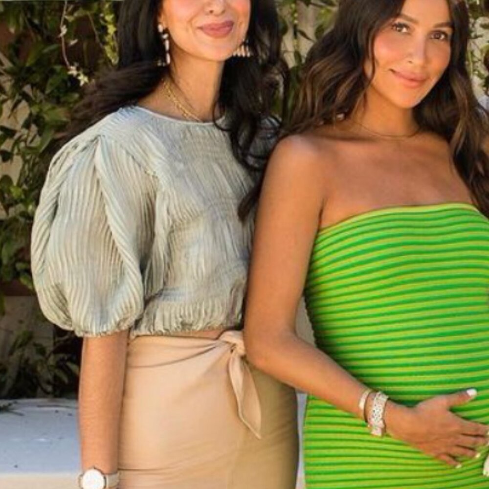 ZARA sage green pleated crinkled puff sleeve crop top S